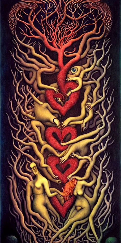 Image similar to mythical creatures and monsters in the visceral anatomical human heart imaginal realm of the collective unconscious, in a dark surreal mixed media oil painting by johfra, mc escher and ronny khalil, dramatic lighting from inner fire