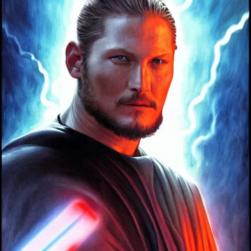 Prompt: Portrait of Travis Fimmel as a sith lord from star wars, full length shot, shining, 8k highly detailed, sharp focus, illustration, art by artgerm, mucha, bouguereau