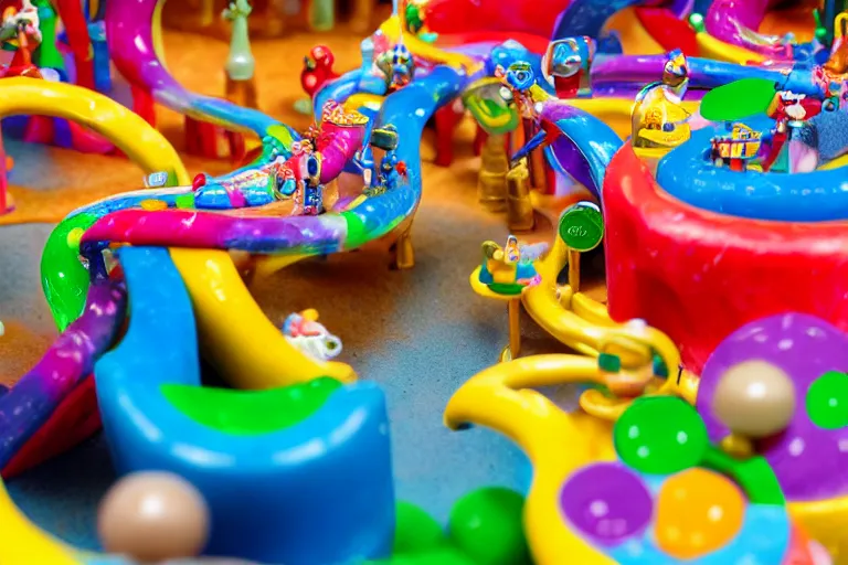 Prompt: fisher price couch, perfect focus, psychedelic trippy couch, marble run, planets, sofa scene from tv show hyper detailed 5 5 mm 8 5 mm, toy photography, made out of plastic