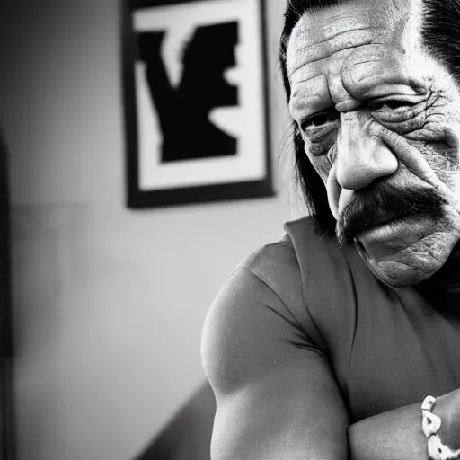 Prompt: danny trejo looking at the bottle of tequila, sharp lines, realistic photography, character focus, simple background