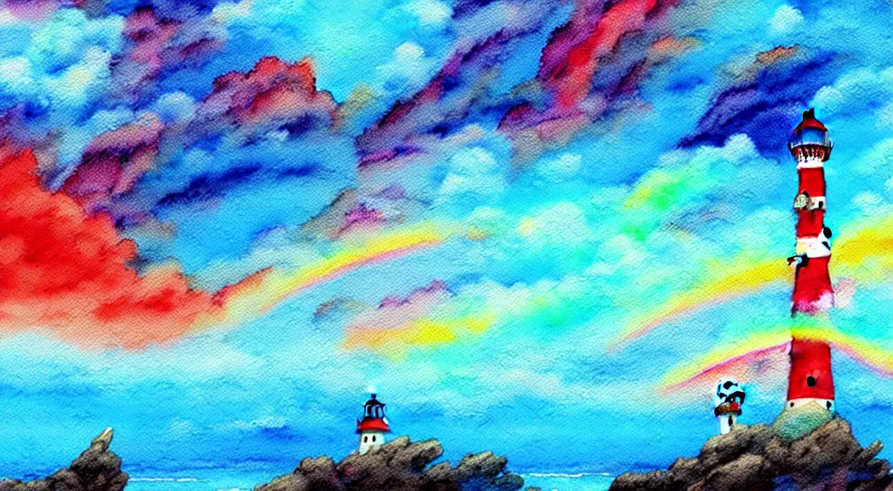 Image similar to A beautiful landscape with rainbow smoke plumes, cyan cliffs, a crimson lighthouse, vivid landscape, award-winning anime style, wallpaper, relaxing, Watercolor expressionist