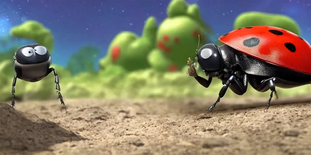 Image similar to a 3 d rendered movie still from a distance of 3 0 m of a ladybug 1 million years from now. the ladybug is sentient, wears tiny spacesuit, and conquered space exploration in a tiny space ship. science fiction blockbuster movie ladybugs rule the world, imax 7 0 mm. buzz lightyear.