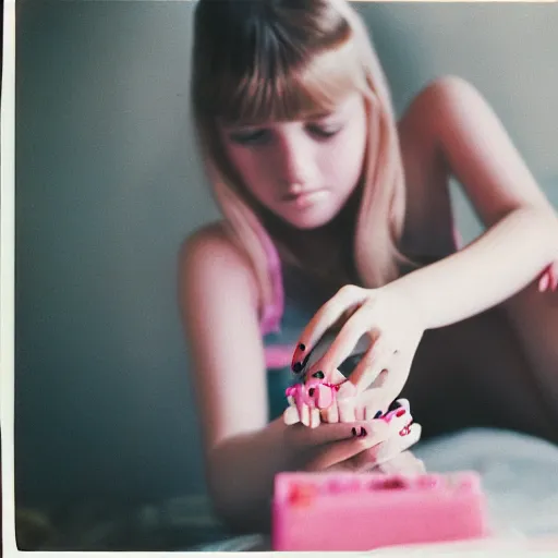 Prompt: girl painting her nails on a pink bed, vintage, 8 0 s, analog camera