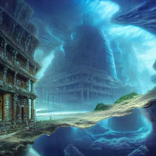 Image similar to A beautiful render of a lost city under the ocean, by robert steven connett and tomasz alen kopera and Jordan Grimmer, salvador dali style, gods ray, mesmerizing clouds, underwater, 4k hd wallpaper