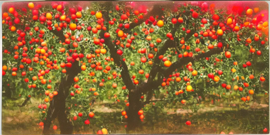 Prompt: analog polaroid of an apple tree, many pink and red apples, orange and yellow fireflies surrounding the tree, bright lights, colorbleed