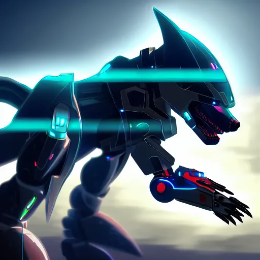 Prompt: highly detailed cinematic shot of a mecha canine, sharp claws, sleek armor, glowing visor, charging through city, digital art, furry art, furaffinity, deviantart, dragon art