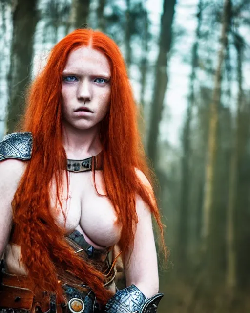 Image similar to north female warrior, red hair, ginger hair, long hair, fantasy, female Viking, high detailed, photography, cloudy, lightweight leather armour, Scandinavia, plain, detailed face, beautiful face, look into the distance, professional model, glowing skin, serious face, full body, professional photographer, masterpiece, 50 mm, 8k, 3D