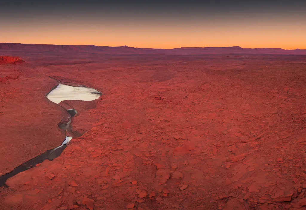 Image similar to a river bend running through a canyon surrounded by desert mountains at sunset on mars, planet mars, moab, utah, ground - level, a tilt shift photo by frederic church, trending on unsplash, hudson river school, photo taken with provia, national geographic photo