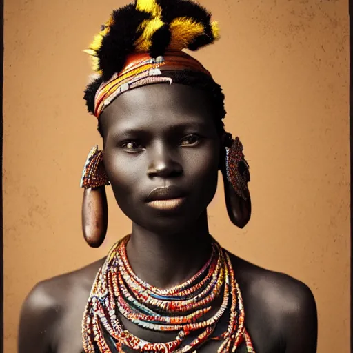 Image similar to vintage portrait of a stunningly beautiful west african tribal female, depth of field, zeiss lens, detailed, symmetrical, centered, fashion photoshoot, by edward s curtis, Annie Leibovitz and Steve McCurry, David Lazar, Jimmy Nelsson, Breathtaking, 8k resolution, extremely detailed, beautiful, establishing shot, artistic, hyperrealistic, beautiful face, octane render