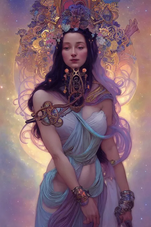 Prompt: Full view realistic Celestial Goddess of cosmic nebula in a beautiful dress, 4k digital illustration by Mandy Jurgens and Ruan Jia, ornate Iconography background in the style of Alphonse Mucha, tarot card, stunning portrait, amazing magnificent mystical illustration, award winning art, detailed and realistic, soft lighting, intricate details, realistic, full view, Artstation, CGsociety