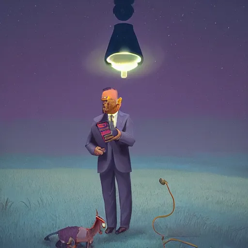 Prompt: man in a suit holding gem with curiosity, trying to learn, by simon stalenhag