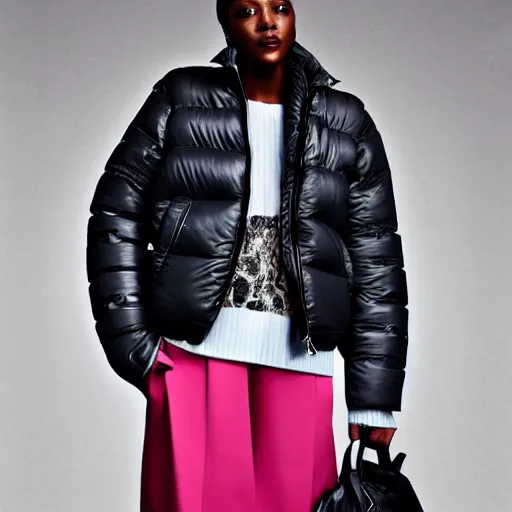 Image similar to realistic photoshooting for a new balenciaga lookbook color film photography close up portrait of a beautiful woman model, model wears a puffer jacket, photo in style of tyler mitchell, ssense