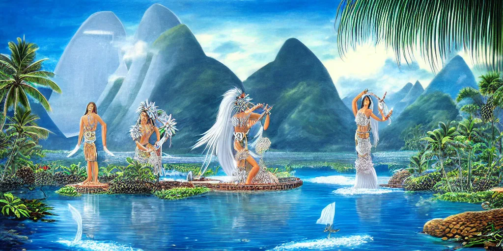 Image similar to polynesian peace goddess, crystal clear lemuria sunken architectural marvels, crisp realistic fantasy art painting