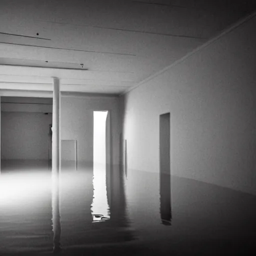 Prompt: flooded all white room, dim lights, surreal, liminal space,