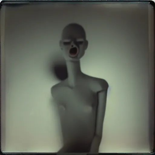 Prompt: a bizzare mannequin with a screaming face in a dark room, abandoned, creepy, eerie, scary, old polaroid, expired film, out or focus,