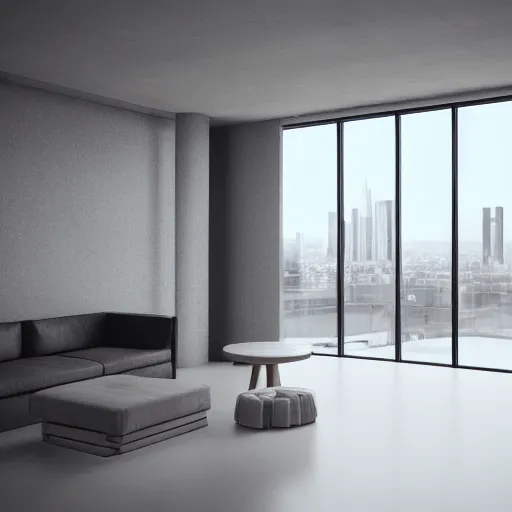 Image similar to brutalist open living room, big windows, showing city landscape on background, minimalist architecture, minimalist furniture, octane render, high quality, 8 k, post production