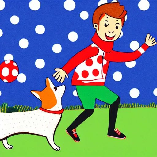 Image similar to illustration of french boy in paris playing football against a corgi, the dog is wearing a polka dot scarf