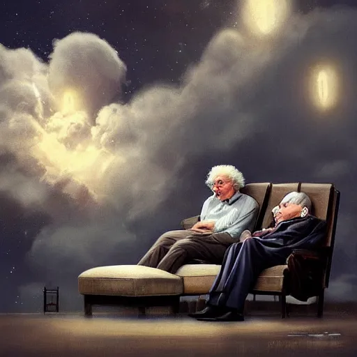 Prompt: einstein and stephen hawking sitting on a pearly couch in heaven, having deep discussions, thoughtful, angels, clouds, very bright lights, pillars, by greg rutkowski, trending on artstation