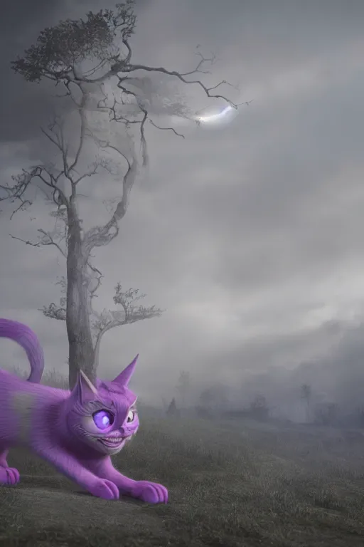 Image similar to cheshire cat vanishing vfx, burning vfx, vanishing vfx, made with blender, highly detailed, artstation, volumetric lighting, fog, vanishing, diaspora, concept