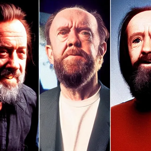 Image similar to alan watts, george carlin, bill hicks, and bill burr in the same room