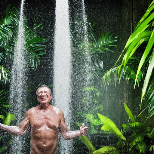 Prompt: 4 k hdr full body wide angle sony portrait of two ronald reagans showering in a tropical bali jungle shower with moody stormy overcast lighting