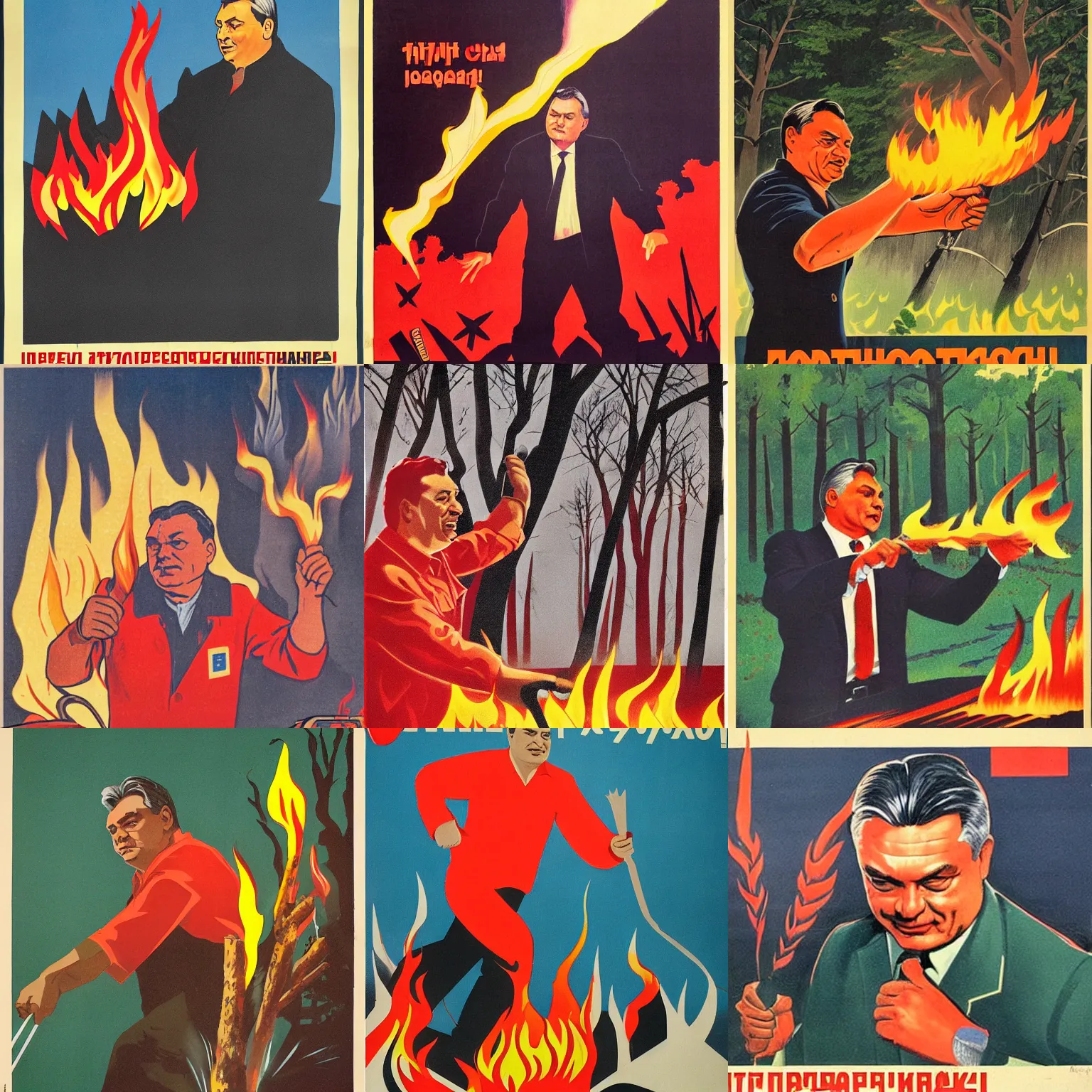 Prompt: soviet propaganda poster of viktor orban making fire, forest in background