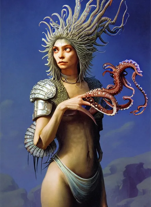 Image similar to cinematic portrait photo of the half ammonite dark crystal skeksis ramona flowers with wet hair dressed in mother of pearl armor, biting into a juicy squid snack, ryden, kawase hasui, dorothea tanning, edward hopper and james gilleard, aivazovsky, beksinski, outram, artstation