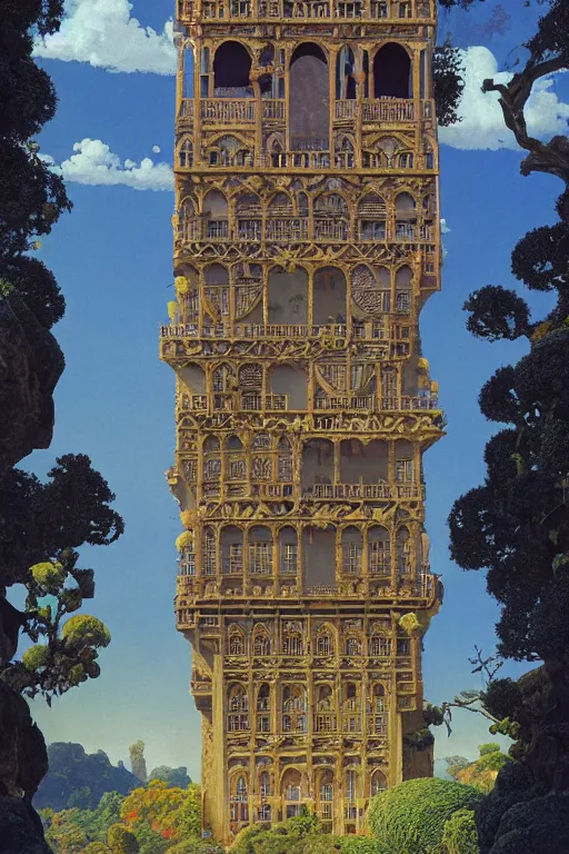 Image similar to ancient carved tower of the moon in its gardens fairytale illustration, elaborate latticed balconies, tall windows, moorish architecture, formal gardens, dramatic cinematic lighting, soft colors, golden age illustrator, unreal engine, by Ludwig Deutsch and Andreas Rocha and (Maxfield Parrish and Nicholas Roerich)