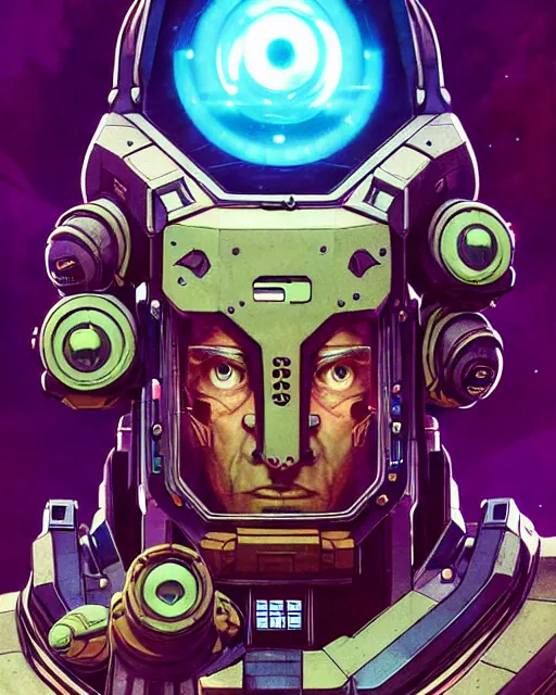 Image similar to sigma from overwatch, character portrait, portrait, close up, concept art, intricate details, highly detailed, vintage sci - fi poster, retro future, in the style of chris foss, rodger dean, moebius, michael whelan, and gustave dore