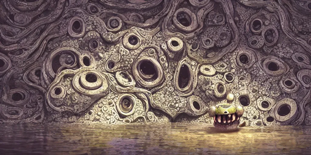 Image similar to of an intricate muddy water with strange cute friendly happy creatures with huge eyes, long tongue, round teeth and goofy funny face, appearing from the background, in the style of gehry and gaudi, macro lens, shallow depth of field, ultra detailed, digital painting, trending artstation, concept art, illustration, cinematic lighting, photorealism, epic, octane render