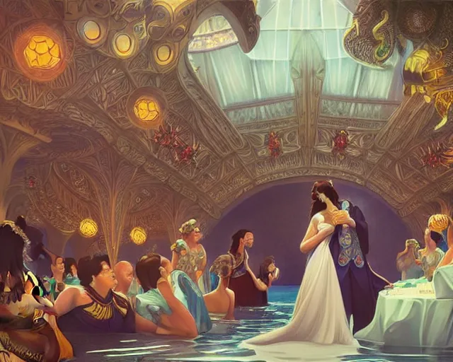 Image similar to a wedding in a swimming pool, photography of kurzgesagt, deep focus, d & d, fantasy, intricate, elegant, highly detailed, digital painting, artstation, concept art, matte, sharp focus, illustration, hearthstone, art by artgerm and greg rutkowski and alphonse mucha