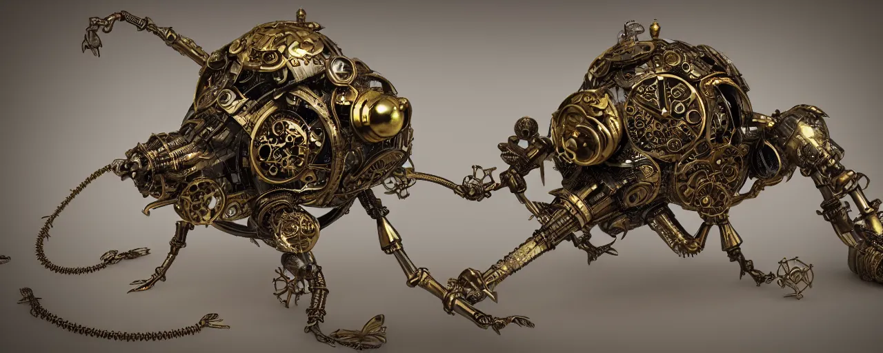 Prompt: brass steampunk insect with stained glass wings. clockwork. gears, pipes. goggles. rivets. octane render. highly detailed.