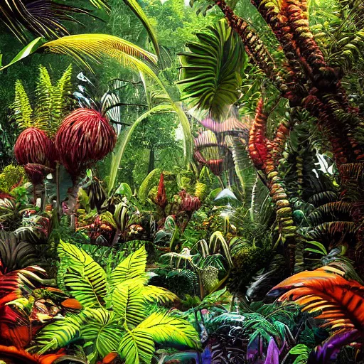 Image similar to hyper realistic photo of an alien jungle with exotic and colorful alien plants, realistic, alien planet, outworldy, scifi