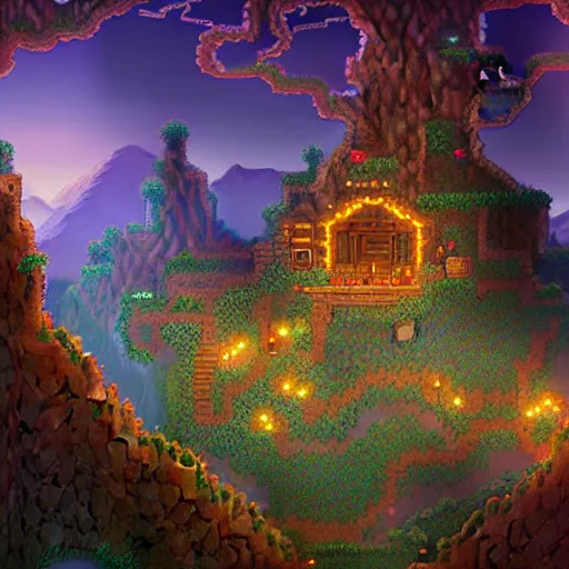 Image similar to portrait of Terraria Base, Terraria game, atmospheric lighting, painted, intricate, golden hour, ultra detailed by Leesha Hannigan, Ross Tran, Thierry Doizon, Kai Carpenter,Ignacio Fernández Ríos