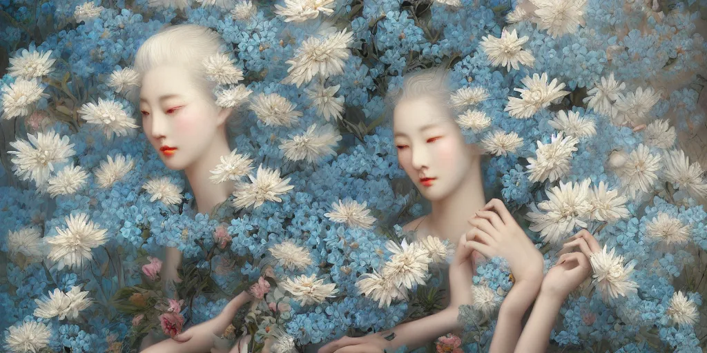 Image similar to breathtaking detailed concept art painting art deco pattern of blonde faces of feminine floral korean men amalmation light - blue flowers with anxious piercing eyes and blend of flowers and birds, by hsiao - ron cheng and john james audubon, bizarre compositions, exquisite detail, extremely moody lighting, 8 k