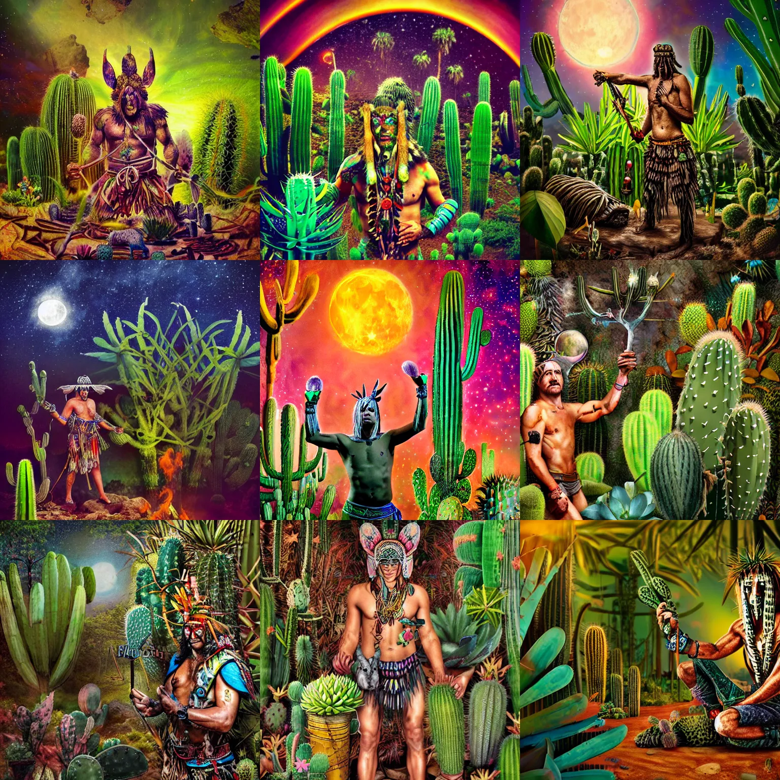 Image similar to spartan in jungle surrounded by cacti, shaman offering peyote, camp fire, full moon with stars, psychedelic surrealism in hyper realistic photo