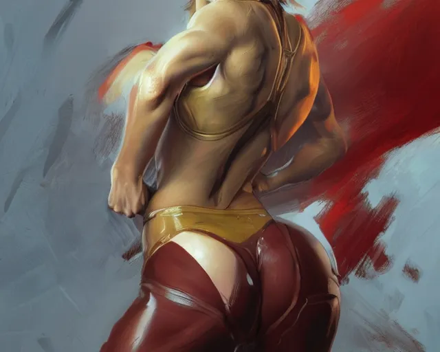 Image similar to oil painting of samus aran showing her muscular back, elegant, fantasy, hd shot, digital portrait, beautiful, artstation, comic style, by artgerm, guy denning, jakub rozalski, magali villeneuve and charlie bowater