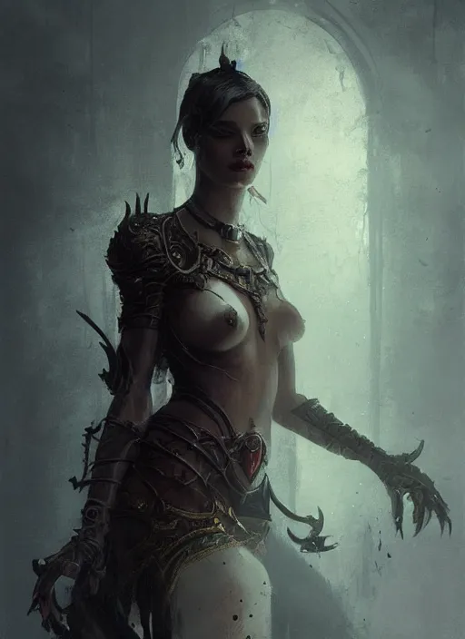 Image similar to diablo 4 lilith, beautiful face, rule of thirds, intricate outfit, spotlight, by greg rutkowski, by jeremy mann, digital painting