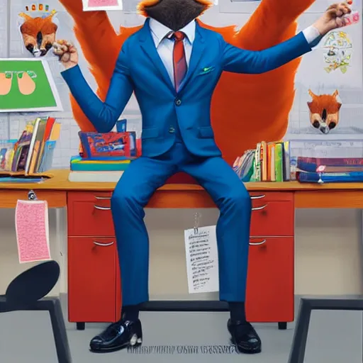 Image similar to a cute male anthropomorphic vulpes vulpes fulva wearing suit in the teachers office at school, pixar style, by tristan eaton stanley artgerm and tom bagshaw.