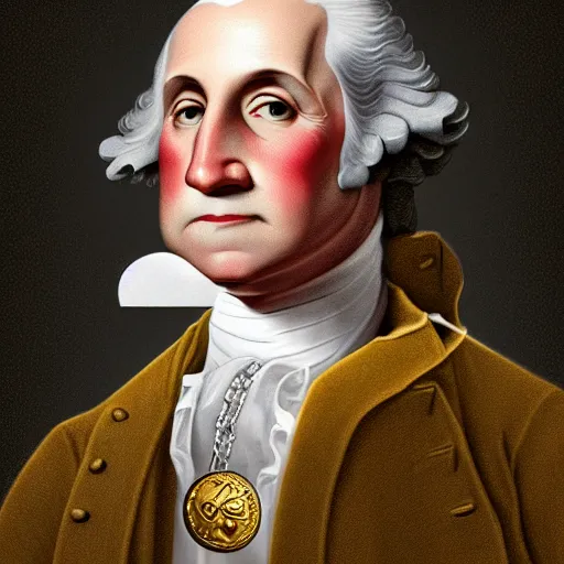 Image similar to a closeup photorealistic illustration of a happy George Washington holding wearing a chain around his neck with a small gold Doubloon coin as a necklace. This 4K HD image is Trending on Artstation, featured on Behance, well-rendered, extra crisp, features intricate detail and the style of Unreal Engine.