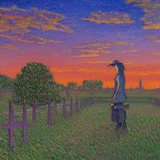 Prompt: sad ominous painting of a horse in a cemetery at dusk, in the style of studio ghibli and moebius and claude monet and vincent van gogh