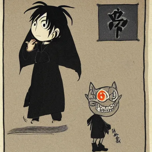 Image similar to mazoku, yokai boy, boy wearing vantablack cloak, vantablack cape