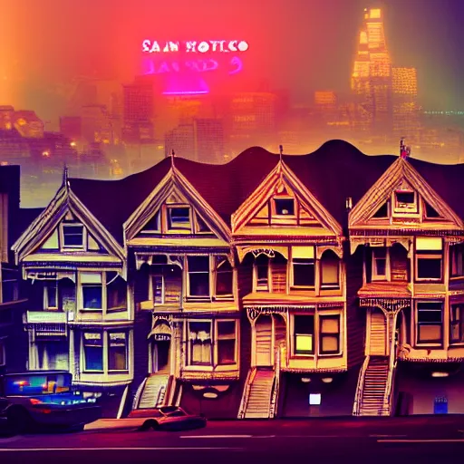 Image similar to a photograph of the painted ladies in san francisco runes mythology foggy high contrast neon artstation cyberpunk dreamscape high definition