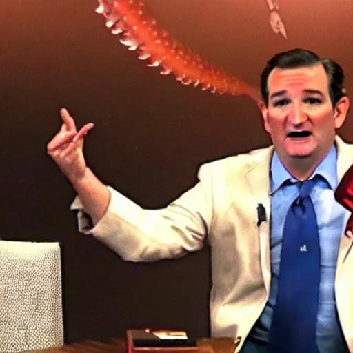 Prompt: ted cruz as a hideous octopus monster, destroys a city, news coverage on local affiliate