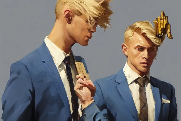 Image similar to greg manchess portrait painting of a blond man in a blue suit with a sword and a pistol, asymmetrical, profile picture, organic painting, sunny day, matte painting, bold shapes, hard edges, street art, trending on artstation, by huang guangjian, gil elvgren, ruan jia, randy vargas, greg rutkowski