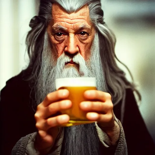 Image similar to photo portrait of gandalf drinking a beer, by annie leibovitz, sharp focus