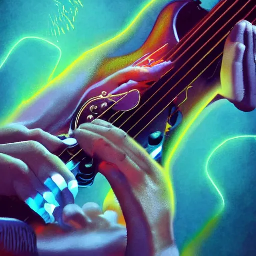 Prompt: a BB King guitarist playing so intensely there is electricity shooting out from his guitar, energy beams under his finger tips, and magic sparkles from the freboard, amazing ditial art, trending on artstation, featured on deviantart