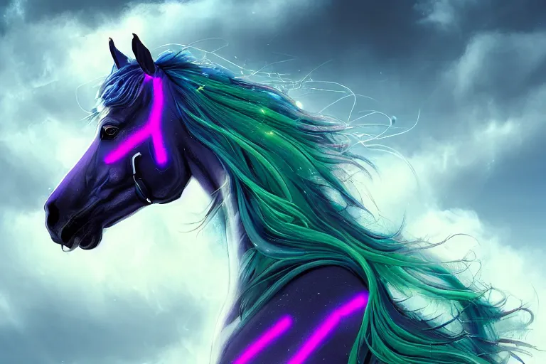 Image similar to a stunning horse with bioluminescent mane and tail running in the clouds by sandra chevrier and greg rutkowski, purple blue color scheme, celtic neon runes, vaporware, retro, outrun, high key lighting, volumetric light, digital art, highly detailed, fine detail, intricate, ornate, complex, octane render, unreal engine, photorealistic