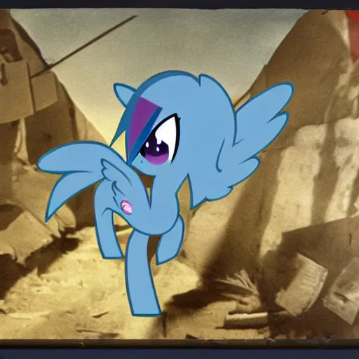 Image similar to authentic world war ii photo of rainbow dash in the trenches