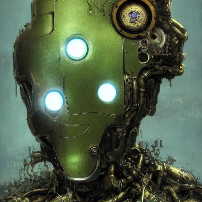 Image similar to portrait of a green Ultron from Age of Ultron, clockwork steampunk, head and chest only, by Beksinski, 4k, deviantart, trending on artstation